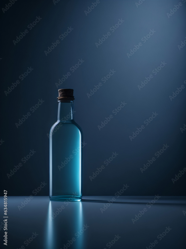 AI Generative illustration bottle with blue vibes, minimalist empty blue room, clear bottle with caps AI Generative illustration bottle with blue vibes, minimalist empty blue room, clear bottle with caps