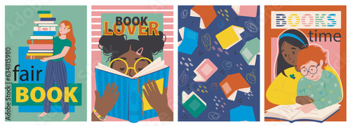 Book reading cover brochure set in trendy flat design. Poster templates with girl carrying stack of books to fair, bookworm reading, pattern, children pastime with literature. Vector illustration.