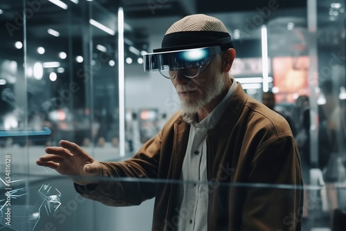 Mature senior man standing in special smart room, wearing virtual reality goggles. Adult looking in VR glasses, experiencing 3D gadget technology in mall. Simulator glasses another reality concept. 
