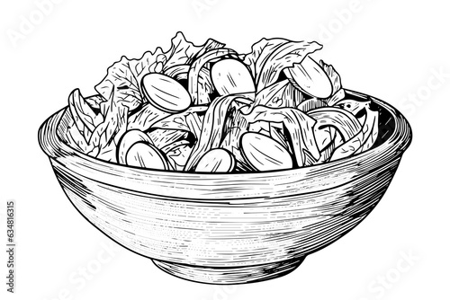 Bowl vegetables salad ink sketch hand drawn. Engraving style vector illustration.