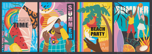 Summer time cover brochure set in trendy flat design. Poster templates with happy relax people at beach party, eat ice cream and watermelon and fresh fruits, play volleyball. Vector illustration.