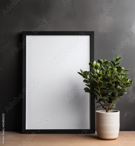 Mock up poster frame near black wall with houseplant. Generative AI.