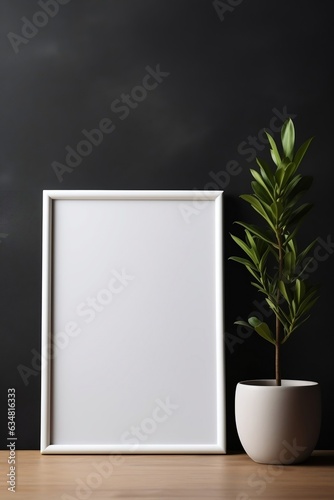 Mock up poster frame near black wall with houseplant. Generative AI.
