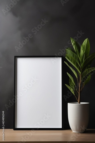 Mock up poster frame near black wall with houseplant. Generative AI.