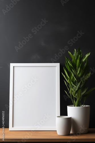 Mock up poster frame near black wall with houseplant. Generative AI.