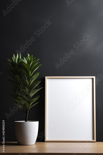 Mock up poster frame near black wall with houseplant. Generative AI.