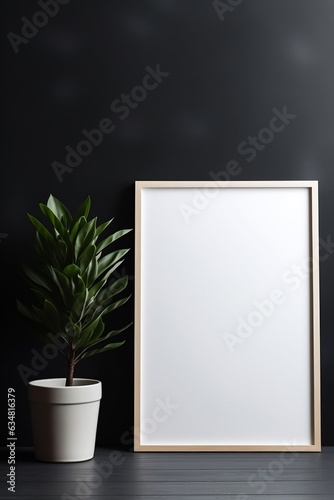 Mock up poster frame near black wall with houseplant. Generative AI.