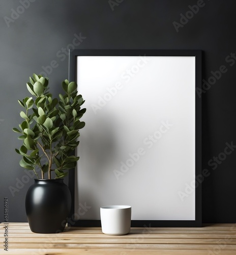 Mock up poster frame near black wall with houseplant. Generative AI.