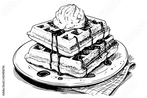 Waffles with ice cream hand drawn ink sketch. Engraving style vector illustration.