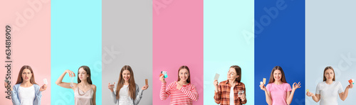Collage of young women with different contraceptive methods on color background