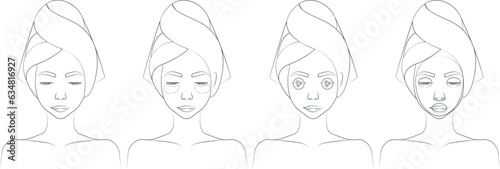 Set of outline women with towel on the head