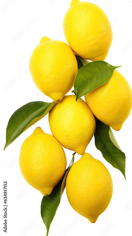 a Lemons with leaves in a vertical layout, in a Food-themed, photorealistic illustration in a PNG, cutout, and isolated. generative AI