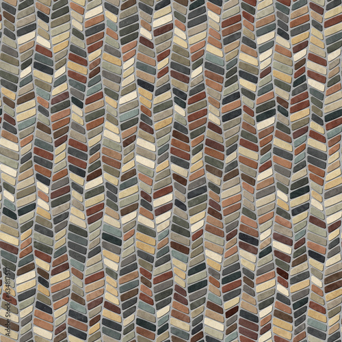 Realistic mosaic with with diagonal multicolor tiles in the shape of a rectangle arranged in vertical lines. Chevron design. Cobblestone in brown, grey, yellow, and green. Seamless repeating pattern.  photo