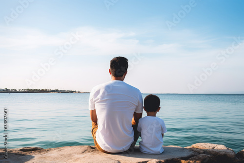 Young father with his son wearing white t-shirt sitting on shore of sea or ocean. Rear view. Mock up template for t-shirt design print