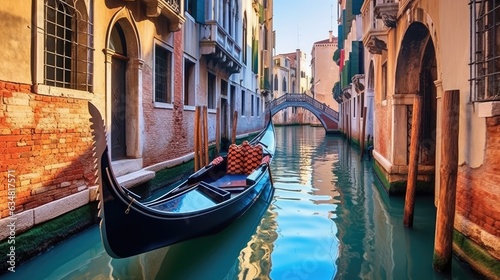 Gondola gliding through the canals of Venice. Generative AI © piai