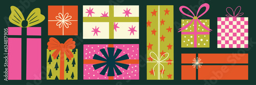Birthday presents, Christmas gift boxes vector stickers collection, gift with ribbon bow, party New Year celebration holiday elements illustration set in cartoon retro groovy funky style