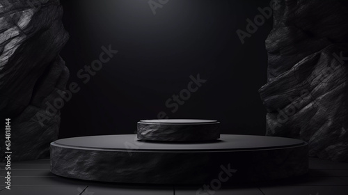 Black stone product podium for product display on elegant black background