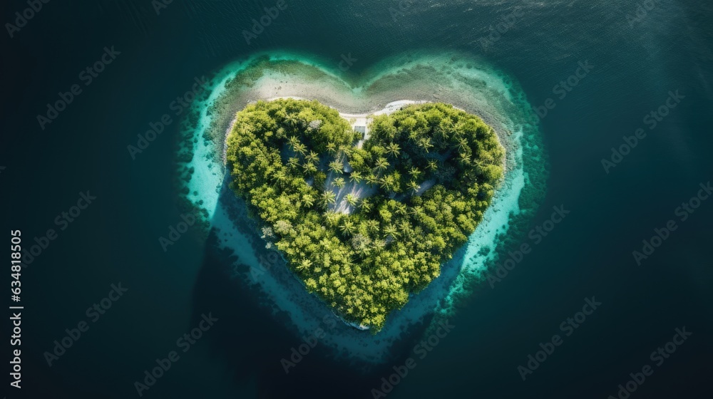 an Aerial top view of a heart-shaped Island, in an Azure sea surrounded by emerald waters, lush tropical foliage in a Paradise-themed image. generative AI an Aerial top view of a heart-shaped Island, in an Azure sea surrounded by emerald waters, lush tropical foliage in a Paradise-themed image. generative AI