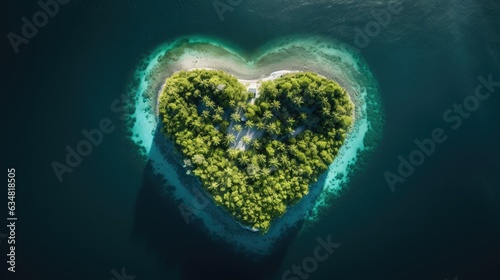 an Aerial top view of a heart-shaped Island, in an Azure sea surrounded by emerald waters, lush tropical foliage in a Paradise-themed image. generative AI