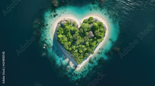 an Aerial top view of a heart-shaped Island, in an Azure sea surrounded by emerald waters, lush tropical foliage in a Paradise-themed image.  generative AI © Purple Penguin GFX
