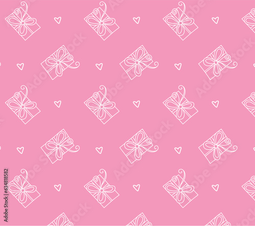Seamless pattern with gift boxes and small hearts. Vector illustration. Happy birthday , Christmas, New Year concepts.