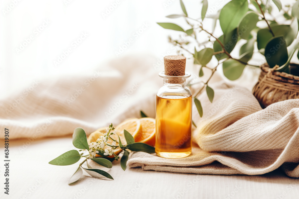 Essential oil with lemon and eucalyptus branches on a light background. Healthy lifestyle concept. Essential oil with lemon and eucalyptus branches on a light background. Healthy lifestyle concept.