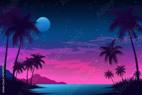 Starry night on tropical island with pink and blue heaven background for Valentines Day. Generative AI © Iridessa