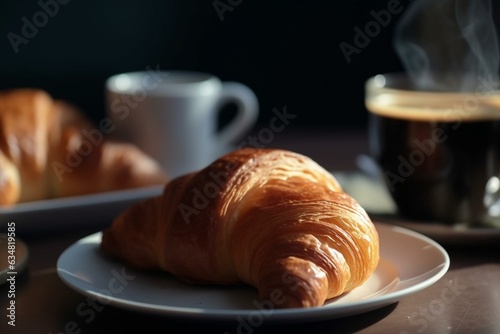 Morning meal consisting of a croissant and coffee. Generative AI