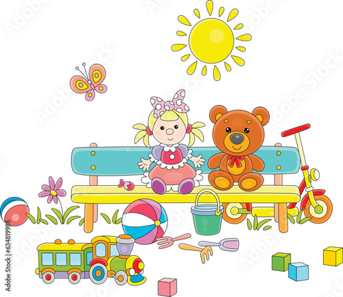 Funny toys of little kids around a colorful small bench on a playground in a summer park on a warm sunny day, vector cartoon illustration isolated on a white background