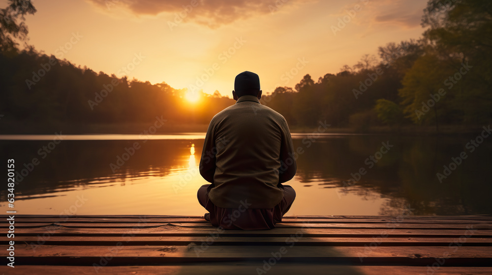 Silhouette of muslim man praying on the lake at sunrise	
