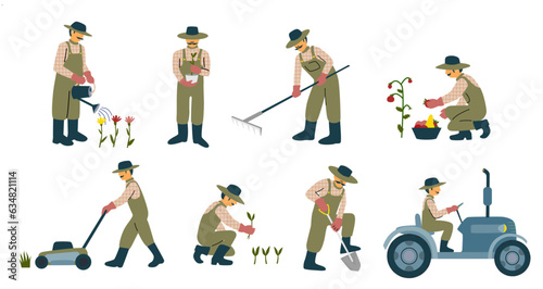 Farmer in Various Poses. Set of farmers or agricultural workers planting crops, gathering harvest, carrying fruits, working on tractor. Flat cartoon vector illustration in autumn colours.