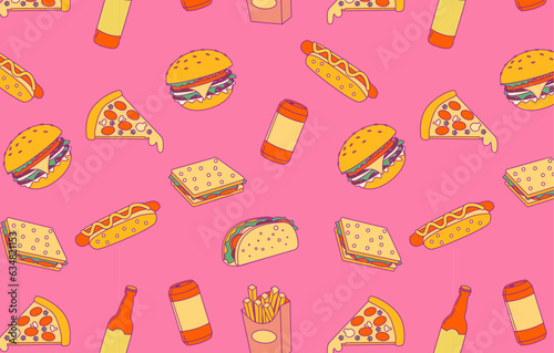 Seamless pattern with fast food, hot dog, taco, cheeseburger, sandwich, pizza and soft drinks on pink background. Street food colourful wallpaper. 