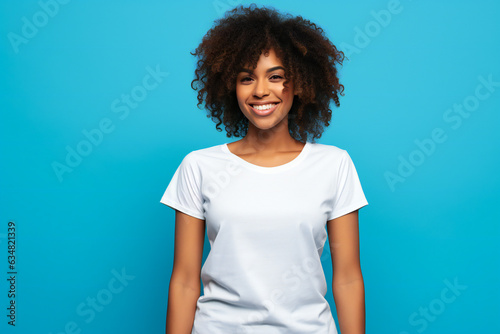 Black woman wearing white shirt mockup, at blue background. Design t-shirt template, print presentation mock-up. AI generated
