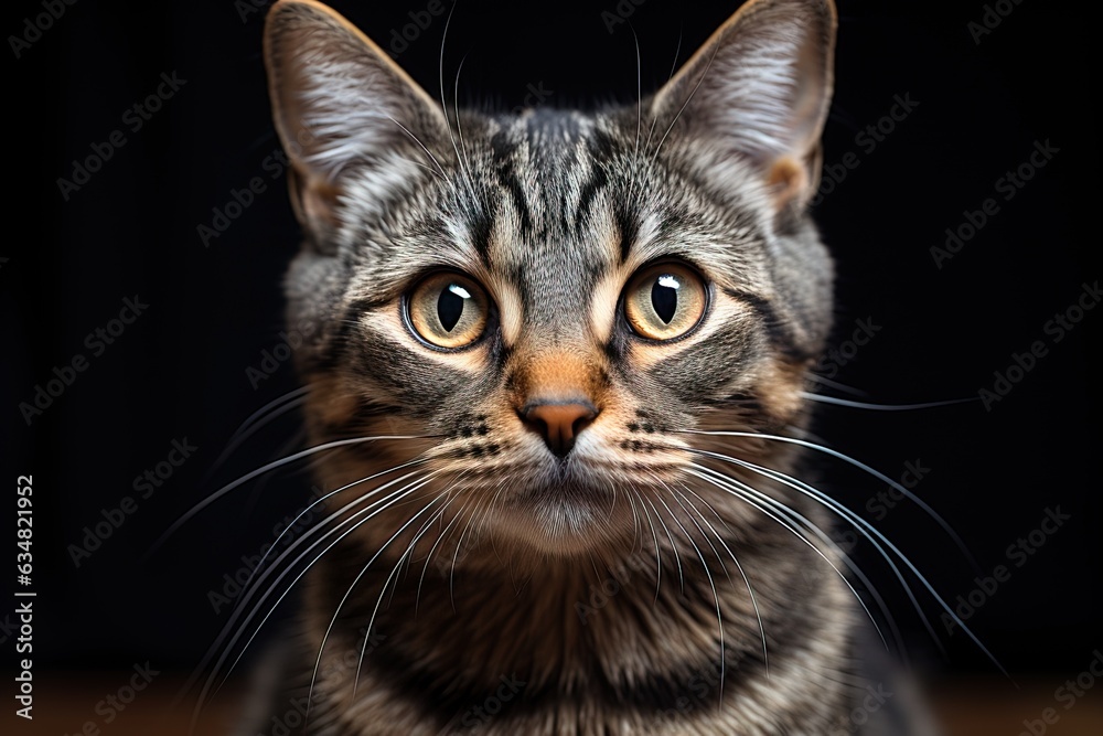 closeup portrait of gray tabby cat isolated on black background