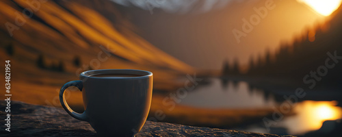 Cup of delicious coffee on background of Alps. Copy space