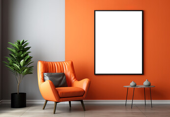 mockup picture frame on wall in minimalist bright interior with orange armchair, small table and houseplant