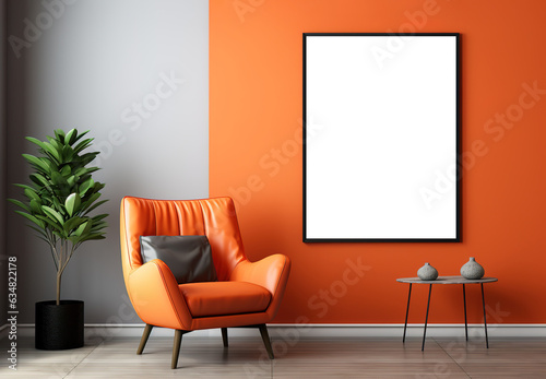 Tela mockup picture frame on wall in minimalist bright interior with orange armchair,
