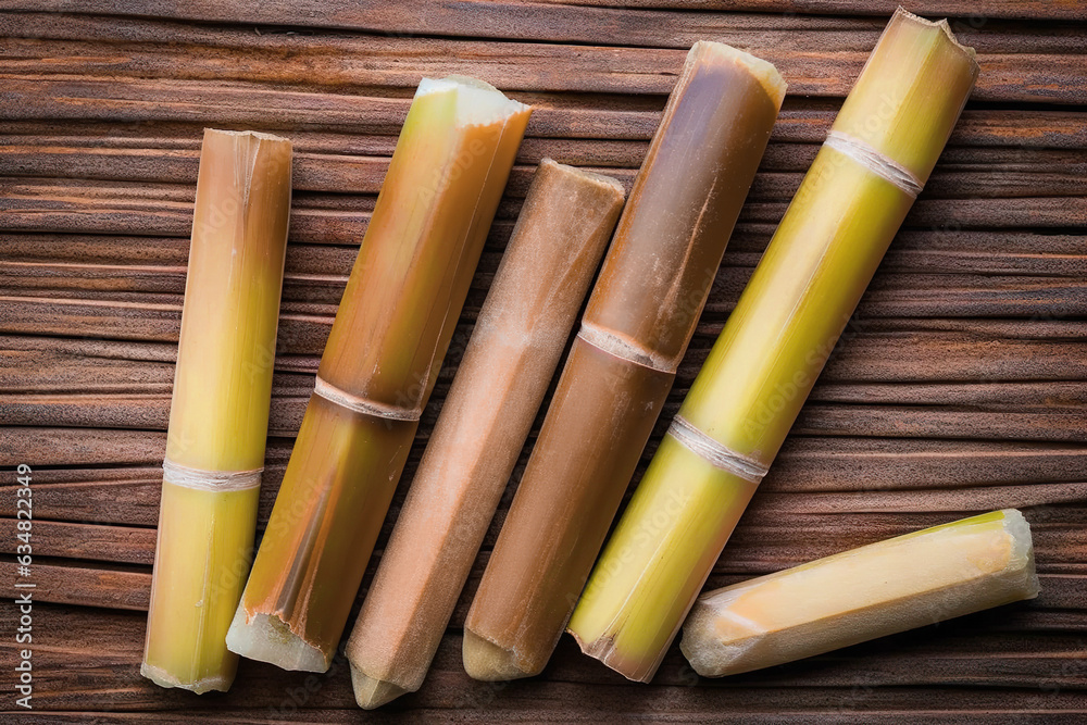 Sugar canes on rustic background. Sugar cane for food industry or renewable bioenergy power. generative ai. Sugar canes on rustic background. Sugar cane for food industry or renewable bioenergy power. generative ai.