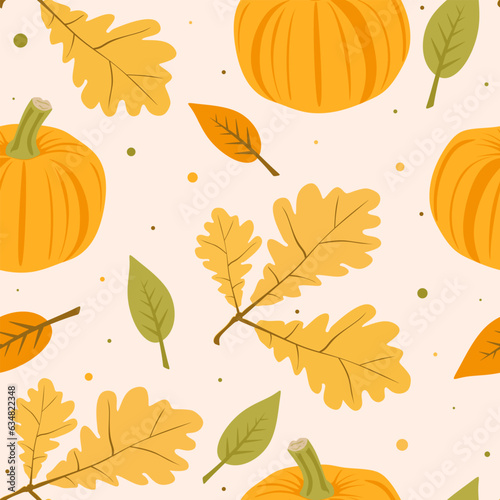 Autumn seamless pattern with pumpkins and different leaves. Childish background for autumn season, fabric, wrapping paper, textile, wallpaper and apparel. Flat vector Illustration