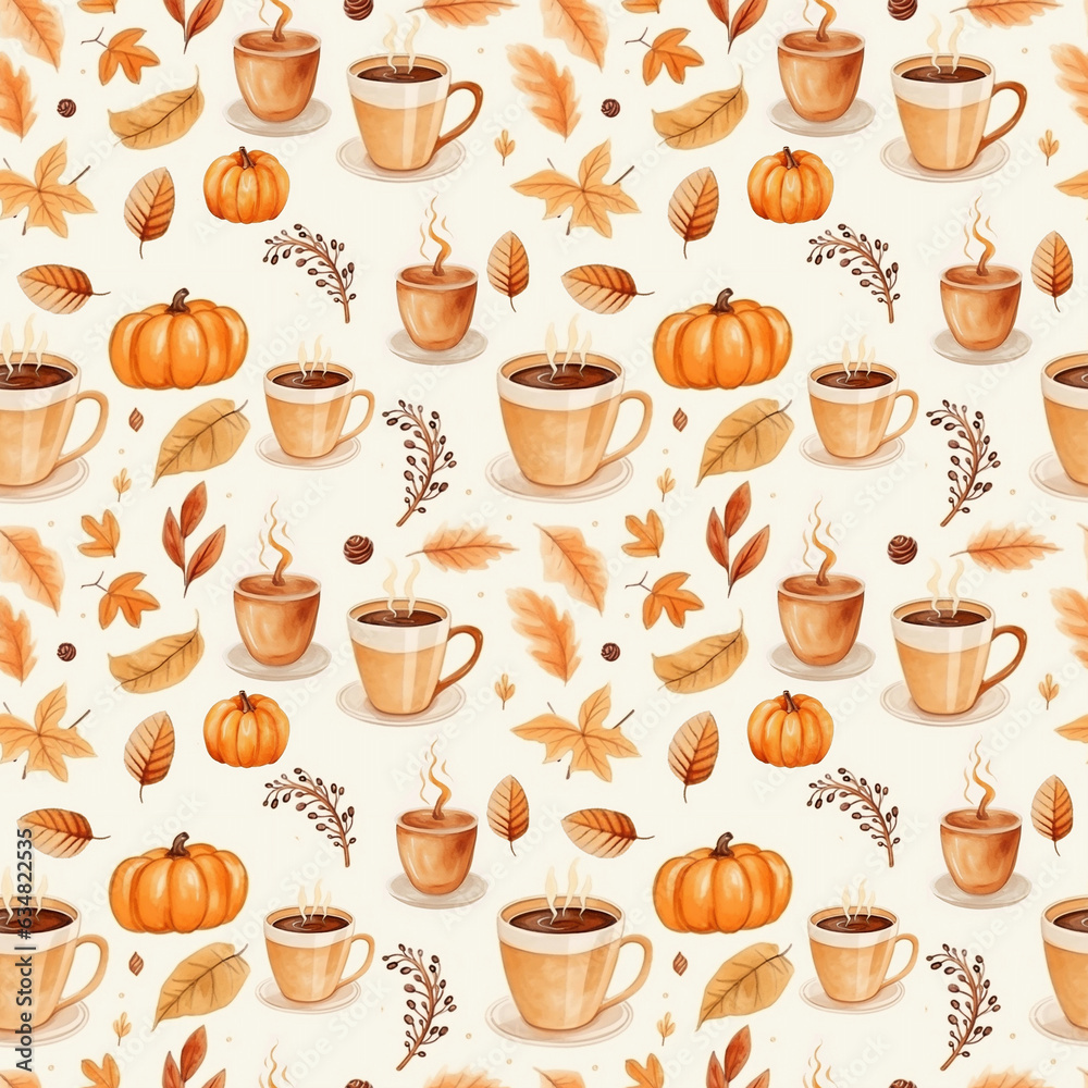 seamless pattern hand painted orange pumpkin, coffee latte, red autumn leaves, brown leaves, yellow leaves on white background. Perfect for textile, wedding, greeting card, pattern, texture and more