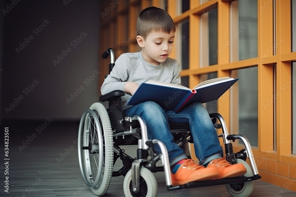 A little boy in a wheelchair is immersed in a book in a simple home setting. A little boy in a wheelchair is immersed in a book in a simple home setting.