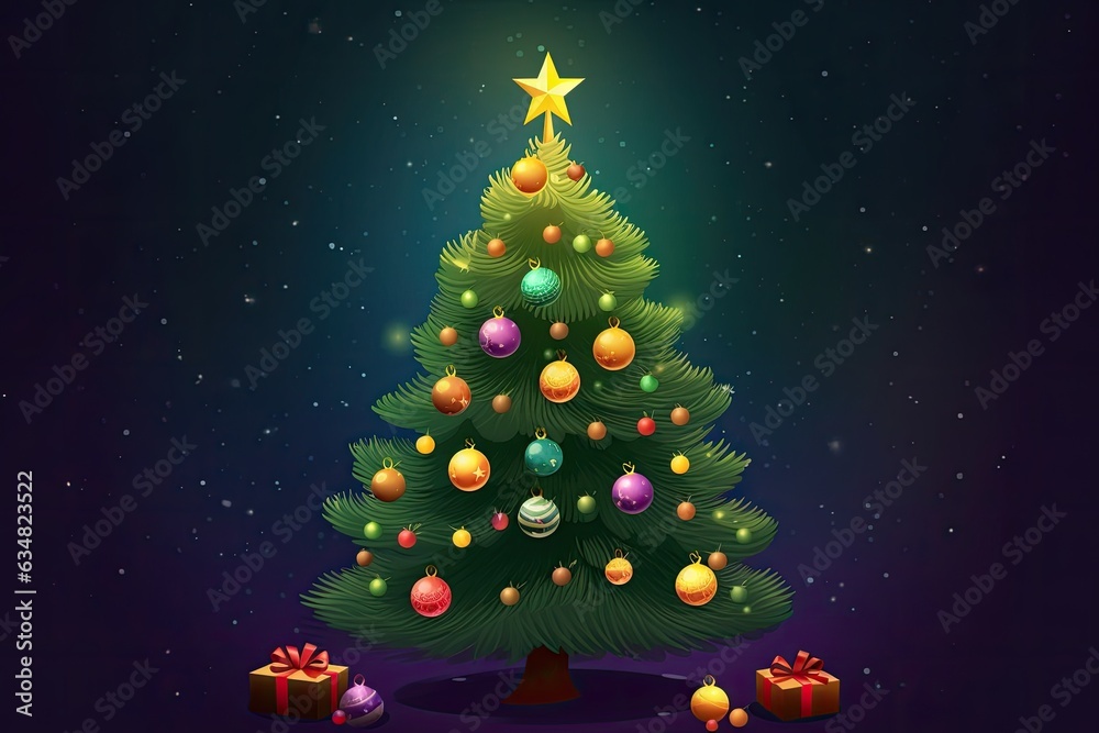 Colorful Christmas tree. A traditional evergreen Christmas tree with colorful decorations and a star shining on a dark blue night with gifts.