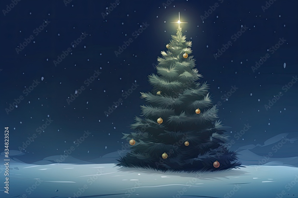 A Christmas tree with golden decorations and a star stands in a snowy landscape at night with a warm glow.