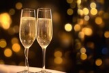 Two champagne glasses with sparkling champagne on the table, with blurred golden lights in the background, create a festive atmosphere.
