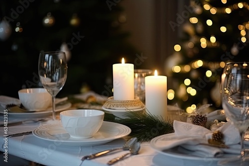 Cozy Christmas dinner: a table with white plates, bowls and glasses, decorated with candles, pine cones and greenery, in a room with a Christmas tree.
