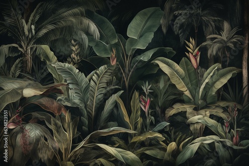 Wallpaper with tropical tree design, dark background, featuring banana trees & foliage in a botanical pattern mural. Generative AI