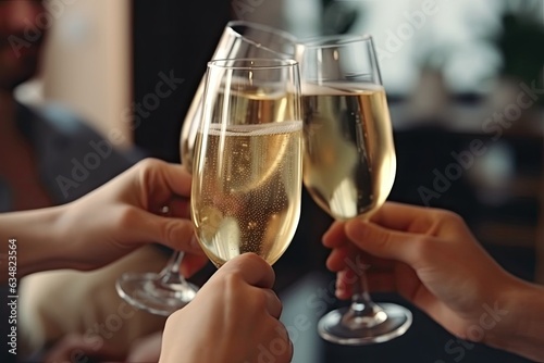 Three hands hold champagne glasses in a toast, with sparkling champagne and a blurred background, creating a cozy and festive mood.