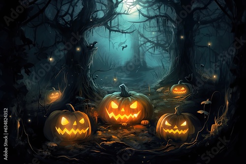 Scary halloween pumpkin, halloween, halloween pumpkin, lights, gloomy forest, sinister pumpkin. © Kateryna