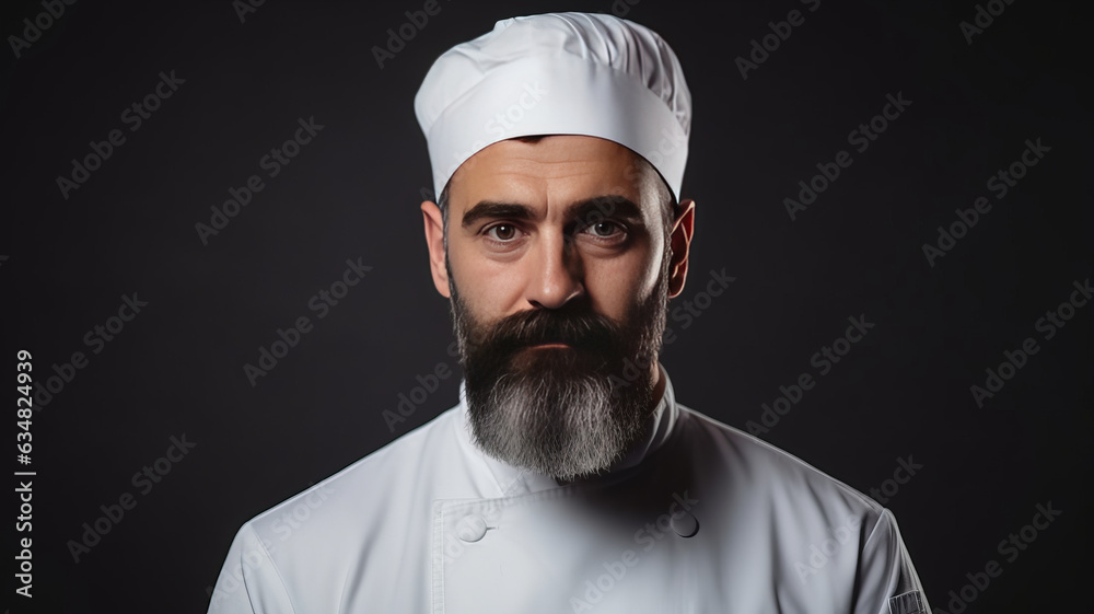 Serious cook in white uniform, chef hat. Portrait of a serious chef cook.