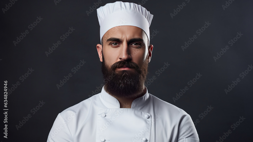 Serious cook in white uniform, chef hat. Portrait of a serious chef cook.